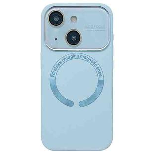 For iPhone 15 Plus Large Window Acrylic Glass Lens MagSafe Silicone Phone Case(Far Peak Blue)