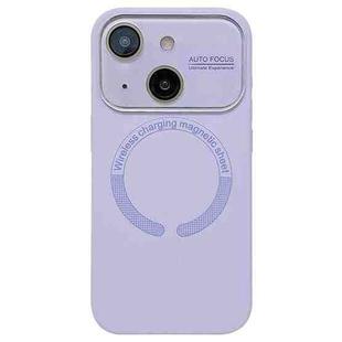 For iPhone 15 Large Window Acrylic Glass Lens MagSafe Silicone Phone Case(Lilac)