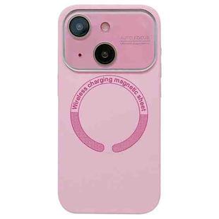 For iPhone 15 Large Window Acrylic Glass Lens MagSafe Silicone Phone Case(Rose Pink)