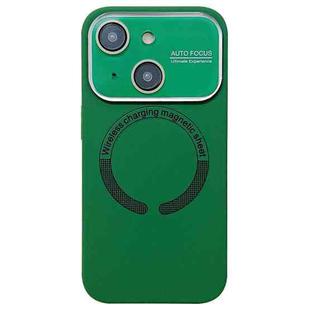 For iPhone 14 Large Window Acrylic Glass Lens MagSafe Silicone Phone Case(Dark Green)