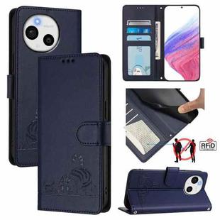 For Sharp Aquos Sense9 Cat Rat Embossed Pattern RFID Leather Phone Case with Lanyard(Blue)