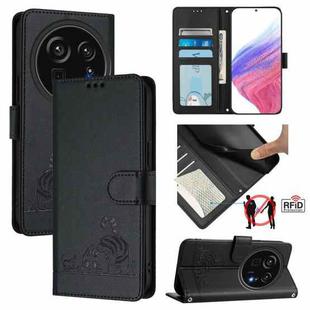 For Sharp Aquos R9 Pro Cat Rat Embossed Pattern RFID Leather Phone Case with Lanyard(Black)