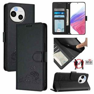 For Sharp Aquos Sense9 Plus Cat Rat Embossed Pattern RFID Leather Phone Case with Lanyard(Black)