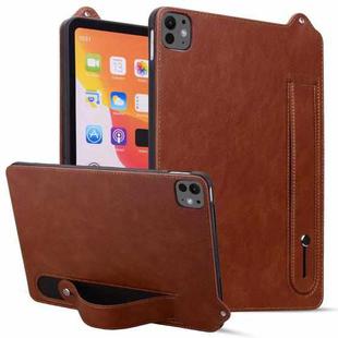 For iPad Pro 11 2024 TPU Leather Back Tablet Case with Wristband(Brown)