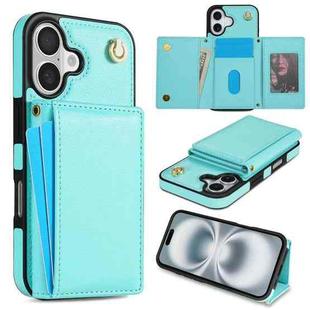 For iPhone 16 Three Fold Card Bag Phone Case with Long Lanyard(Mint)