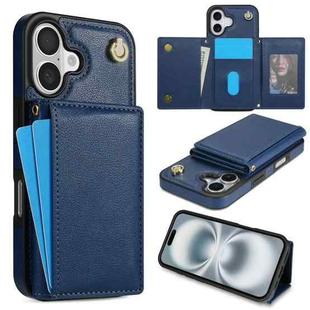 For iPhone 16 Three Fold Card Bag Phone Case with Long Lanyard(Blue)