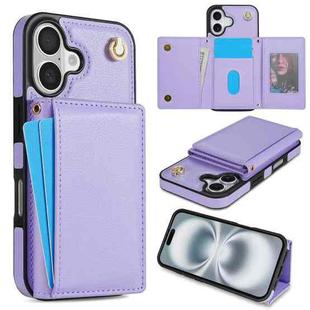 For iPhone 16 Three Fold Card Bag Phone Case with Long Lanyard(Purple)