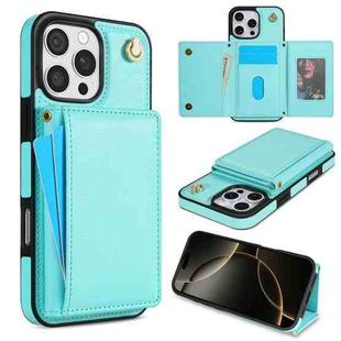 For iPhone 16 Pro Three Fold Card Bag Phone Case with Long Lanyard(Mint)