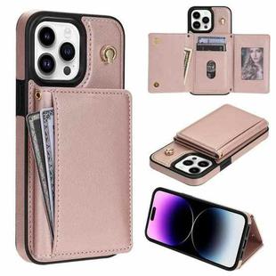 For iPhone 15 Pro Max Three Fold Card Bag Phone Case with Long Lanyard(Rose Gold)