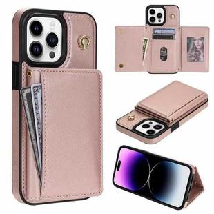 For iPhone 15 Pro Three Fold Card Bag Phone Case with Long Lanyard(Rose Gold)