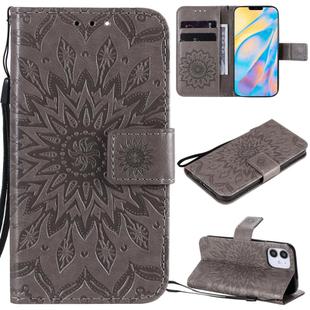 For iPhone 12 mini Pressed Printing Sunflower Pattern Horizontal Flip PU Leather Case Holder & Card Slots & Wallet & Lanyard(Grey)