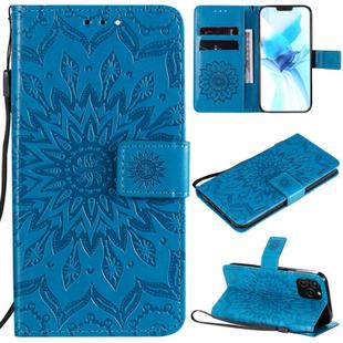 For iPhone 12 / 12 Pro Pressed Printing Sunflower Pattern Horizontal Flip PU Leather Case Holder & Card Slots & Wallet & Lanyard(Blue)