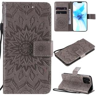 For iPhone 12 / 12 Pro Pressed Printing Sunflower Pattern Horizontal Flip PU Leather Case Holder & Card Slots & Wallet & Lanyard(Grey)