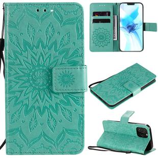 For iPhone 12 / 12 Pro Pressed Printing Sunflower Pattern Horizontal Flip PU Leather Case Holder & Card Slots & Wallet & Lanyard(Green)