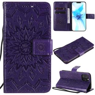 For iPhone 12 / 12 Pro Pressed Printing Sunflower Pattern Horizontal Flip PU Leather Case Holder & Card Slots & Wallet & Lanyard(Purple)