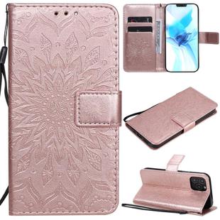 For iPhone 12 / 12 Pro Pressed Printing Sunflower Pattern Horizontal Flip PU Leather Case Holder & Card Slots & Wallet & Lanyard(Rose Gold)