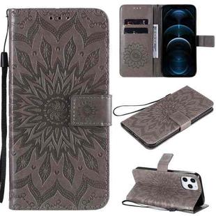 For iPhone 12 Pro Max Pressed Printing Sunflower Pattern Horizontal Flip PU Leather Case Holder & Card Slots & Wallet & Lanyard(Grey)