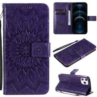 For iPhone 12 Pro Max Pressed Printing Sunflower Pattern Horizontal Flip PU Leather Case Holder & Card Slots & Wallet & Lanyard(Purple)