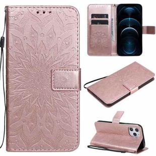 For iPhone 12 Pro Max Pressed Printing Sunflower Pattern Horizontal Flip PU Leather Case Holder & Card Slots & Wallet & Lanyard(Rose Gold)