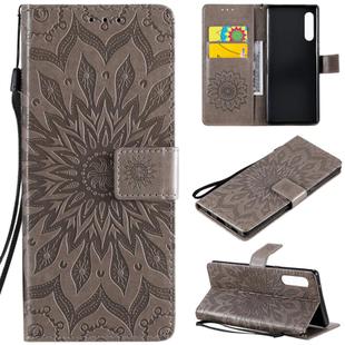 For LG G9 Pressed Printing Sunflower Pattern Horizontal Flip PU Leather Case Holder & Card Slots & Wallet & Lanyard(Grey)