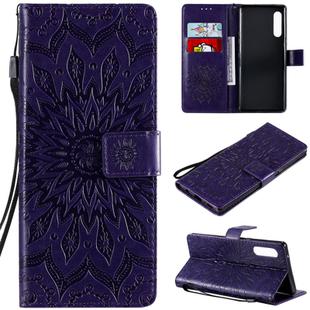 For LG G9 Pressed Printing Sunflower Pattern Horizontal Flip PU Leather Case Holder & Card Slots & Wallet & Lanyard(Purple)