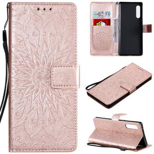 For LG G9 Pressed Printing Sunflower Pattern Horizontal Flip PU Leather Case Holder & Card Slots & Wallet & Lanyard(Rose Gold)