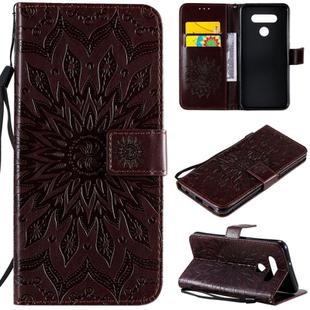 For LG K51 Pressed Printing Sunflower Pattern Horizontal Flip PU Leather Case Holder & Card Slots & Wallet & Lanyard(Brown)