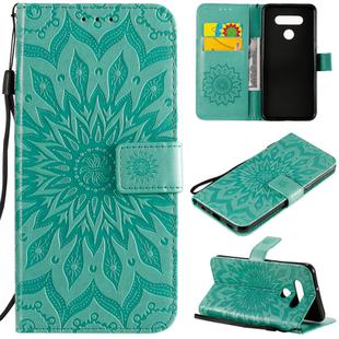 For LG K51 Pressed Printing Sunflower Pattern Horizontal Flip PU Leather Case Holder & Card Slots & Wallet & Lanyard(Green)