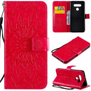 For LG K51 Pressed Printing Sunflower Pattern Horizontal Flip PU Leather Case Holder & Card Slots & Wallet & Lanyard(Red)