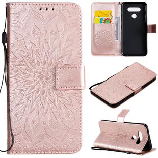 For LG K51 Pressed Printing Sunflower Pattern Horizontal Flip PU Leather Case Holder & Card Slots & Wallet & Lanyard(Rose Gold)