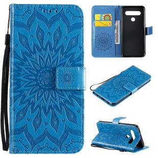 For LG K61 Pressed Printing Sunflower Pattern Horizontal Flip PU Leather Case Holder & Card Slots & Wallet & Lanyard(Blue)
