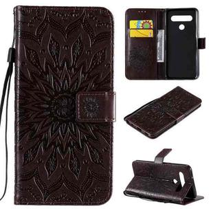 For LG K61 Pressed Printing Sunflower Pattern Horizontal Flip PU Leather Case Holder & Card Slots & Wallet & Lanyard(Brown)