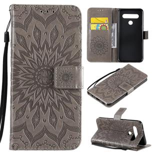 For LG K61 Pressed Printing Sunflower Pattern Horizontal Flip PU Leather Case Holder & Card Slots & Wallet & Lanyard(Grey)