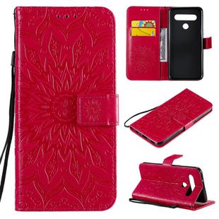 For LG K61 Pressed Printing Sunflower Pattern Horizontal Flip PU Leather Case Holder & Card Slots & Wallet & Lanyard(Red)