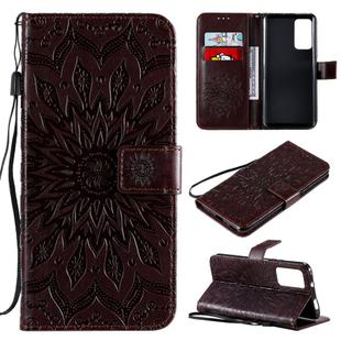 For Huawei Honor X10 Pressed Printing Sunflower Pattern Horizontal Flip PU Leather Case Holder & Card Slots & Wallet & Lanyard(Brown)