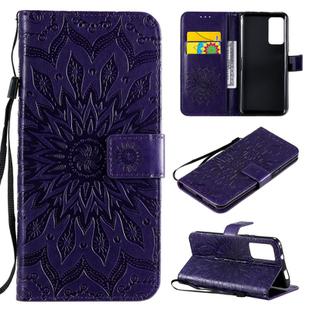 For Huawei Honor X10 Pressed Printing Sunflower Pattern Horizontal Flip PU Leather Case Holder & Card Slots & Wallet & Lanyard(Purple)