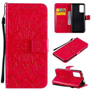 For Huawei Honor X10 Pressed Printing Sunflower Pattern Horizontal Flip PU Leather Case Holder & Card Slots & Wallet & Lanyard(Red)