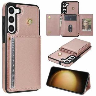 For Samsung Galaxy S23 5G Three Fold Card Bag Phone Case with Long Lanyard(Rose Gold)