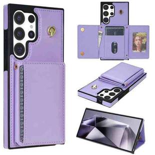 For Samsung Galaxy S22 Ultra 5G Three Fold Card Bag Phone Case with Long Lanyard(Purple)