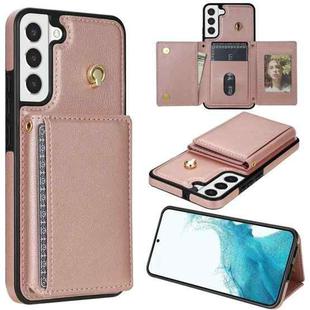 For Samsung Galaxy S22+ 5G Three Fold Card Bag Phone Case with Long Lanyard(Rose Gold)