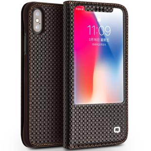 For iPhone X / XS QIALINO Grid Texture Horizontal Flip Leather Case  with Smart View Window & Sleep / Wake-up Function(Brown)