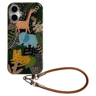 For iPhone 16 Animal Pattern IMD Full Coverage TPU Phone Case with Lanyard(Forest World)