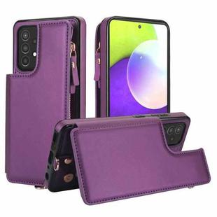 For Samsung Galaxy A52 5G Double Flap Zipper RFID Leather Phone Case with Short Lanyard(Dark Purple)