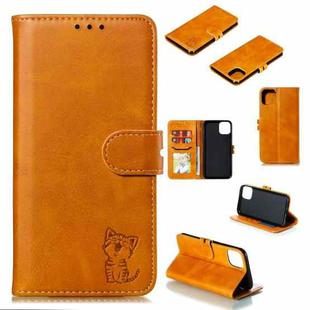 For iPhone 12 / 12 Pro Embossed Happy Cat Pattern Horizontal Flip Leather Case with Holder & Card Slots & Wallet & Photo Frame(Yellow)