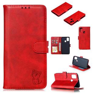 For Samsung Galaxy A21s Embossed Happy Cat Pattern Horizontal Flip Leather Case with Holder & Card Slots & Wallet & Photo Frame(Red)