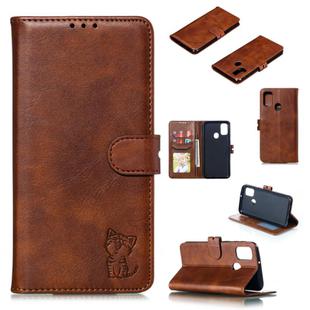 For Samsung Galaxy A21s Embossed Happy Cat Pattern Horizontal Flip Leather Case with Holder & Card Slots & Wallet & Photo Frame(Brown)