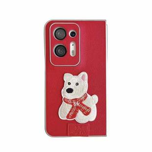 For OPPO Find N2 Skin Fee Litchi Pattern Scarf Embroidered Dog Phone Case(Red)