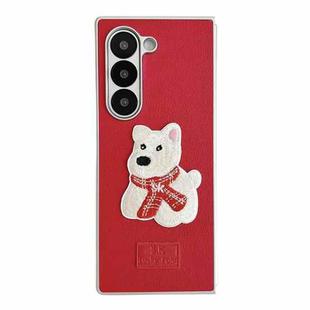 For Samsung Galaxy Z Fold6 5G Skin Fee Litchi Pattern Scarf Embroidered Dog Phone Case(Red)