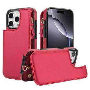 For iPhone 16 Pro Max Double Flap Zipper RFID Leather Phone Case with Short Lanyard(Red)