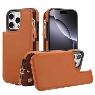 For iPhone 16 Pro Max Double Flap Zipper RFID Leather Phone Case with Short Lanyard(Brown)